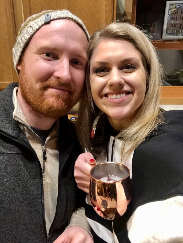 Sarah and Troy Klongerbo enjoying Moscow mules at a cabin