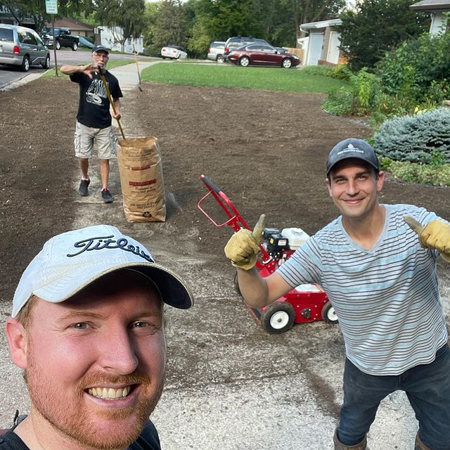 Troy Klongerbo, his dad, and his brother-in-law reseeding his lawn