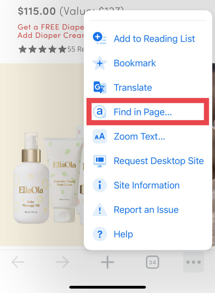"Find in Page" feature in Google Chrome mobile device
